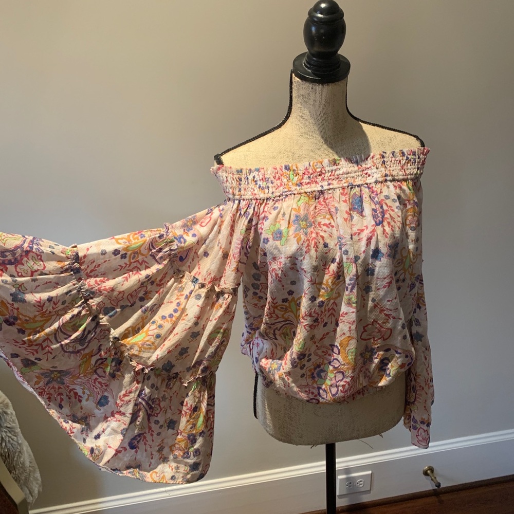 Loose flower print wide sleeve blouse